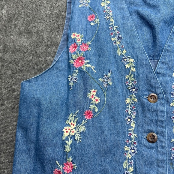 Denim Vest Floral Embroidered Medium Cotton Vintage Boho Cottage Grandma Prairie - Picture 5 of 8